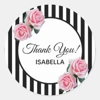 Pink roses on black white stripes Thank You Classic Round Sticker