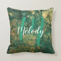 Personalized Monogram and Name Green and Gold Throw Pillow