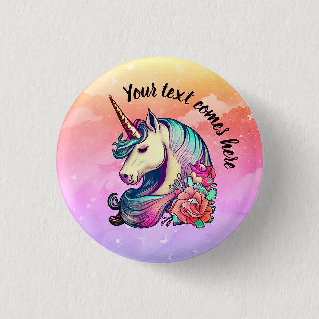 Cute unicorn in colorful sky button