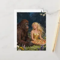 Fairy and a Sasquatch Eat Pizza in the Woods Postcard