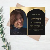 Black gold photo arch birthday invitation