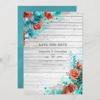 Rustic Turquoise and Coral Rustic Floral Wedding Save The Date