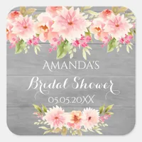 Bridal shower coral peach dahlia flowers gray square sticker