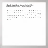 Charlie Script Font Glyphs Contact Sheet Poster