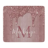 Elegant Rose Gold Glitter Drips Monogram Cutting Board