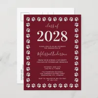   Burgundy Silver Paw Prints Graduation Invitation Postcard