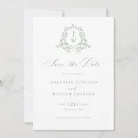 Sage Green Monogram Floral Crest Wedding Save The Date