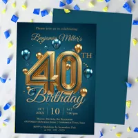 Elegant Blue and Gold Balloons 40th Birthday Party Invitation