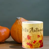 Hello Autumn Leaves on Old Paper Background Coffee Mug