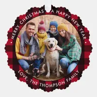 Holiday Custom Photo Farmhouse Red Buffalo Plaid Ornament Card