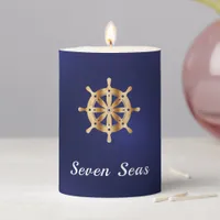 Navy blue yacht boat name gold steering wheel pillar candle