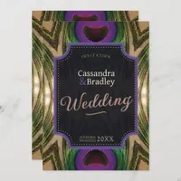 Purple Hearts Peacock Feathers Green Gold Glow Invitation