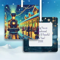 Vintage Trains on a Snowy Night Personalized Metal Ornament