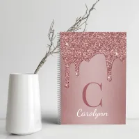 Girly Rose Gold Sparkle Glitter Drips Monogram Notebook