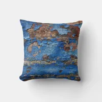 Peeling Blue Paint from Rustic Wood Throw Pillow