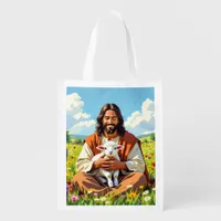 Jesus holding a Lamb | Religious Christian Grocery Bag