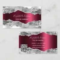 Silver burgundy agate marble QR code Business Card