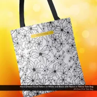 Hand Drawn Floral White Black Pattern Yellow Name Tote Bag