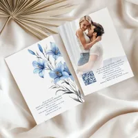 Modern Blue Florals Photo Overlay QR Code Wedding Invitation