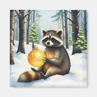 Cute Winter Raccoon with Gold Ornament Christmas Magnet