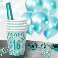 Sweet Sixteen Sparkle Word Cloud Teal ID265 Paper Cups