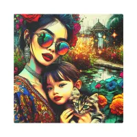 Colorful Art Mom and Daughter Asian Flower Garden