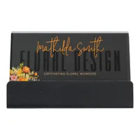 Sophisticated Floral Design Black Orange Flowers  Desk Business Card Holder
