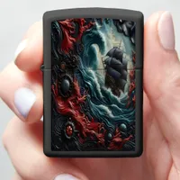 Detailed Artistry of a Ship Navigating Wild Seas Zippo Lighter