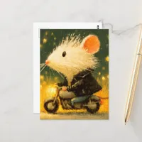 Adorable White Mouse Riding a Motercycle Postcard