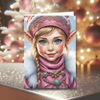 Adorable Pink Elf | Merry Christmas Personalized Holiday Card