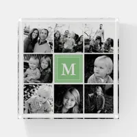Square Photo Collage Mint Green Monogrammed Custom Paperweight