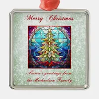 Sparkly Stained Glass Christmas Tree Green Glitter Metal Ornament