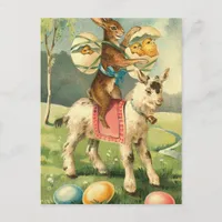 Vintage Easter Goat, Rabbit, and Chicks Holiday Postcard