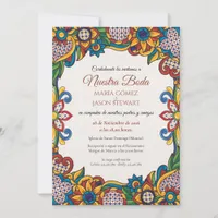 Colorful Floral Folk Art Flowers Spanish Wedding Invitation