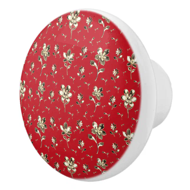 Red And Gold Floral Pattern Ceramic Knob