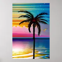 Palm Tree Silhouette, Seagull and Colorful Sunset Poster
