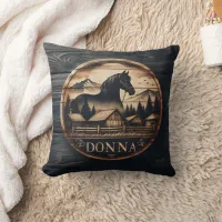 Wooden Carving of Horse and Mountain Landscape Throw Pillow