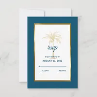 Tropical Ocean Blue Gold Palm Tree Beach Wedding RSVP Card