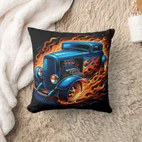 Classic hot rod blazing through flames at night throw pillow