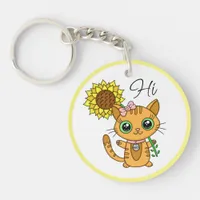 Personalized Hi and Hugs | Cute Cat with Sunflower Keychain