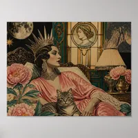 Retro Fairytale Queen and Her Cat in Bed Poster