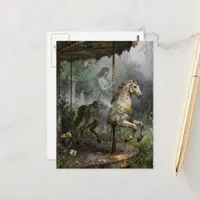 Beautiful Ghost Woman on Abandoned Carousel Postcard