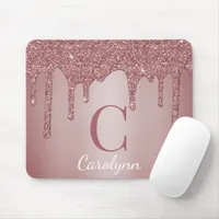 Girly Pink Sparkle Glitter Drips Monogram Mouse Pad