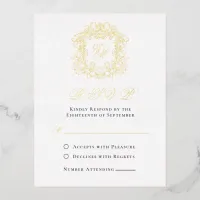 Elegant Monogram Crest Wedding RSVP Gold Foil Card