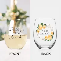 Elegant Gold Glitter Geo Orange Floral Wedding Stemless Wine Glass