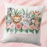 Jungle Animals Baby Girl Birth Stats Pillow 
