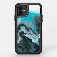 Aqua Blue Gray and Black Waves Abstract Modern Art OtterBox Defender iPhone 11 Case