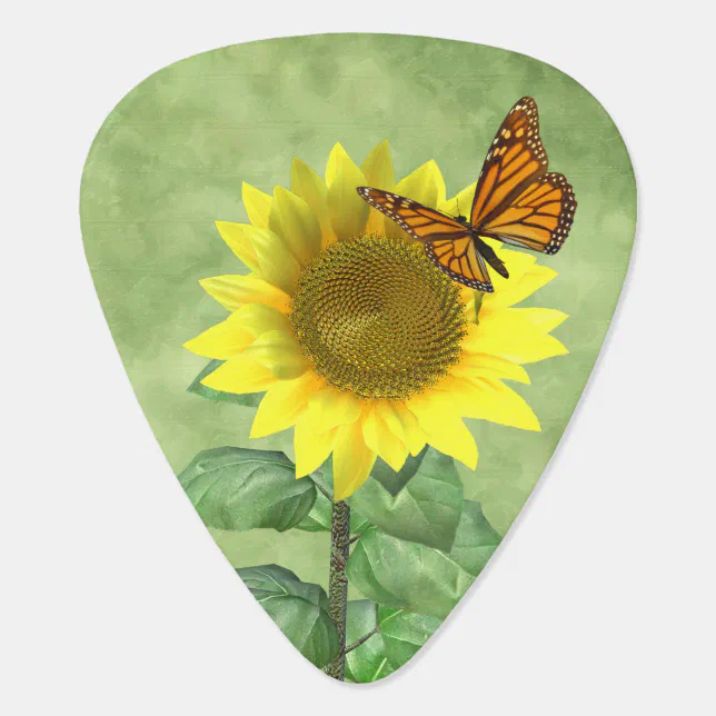 Pretty Yellow Sunflower and Orange Butterfly Guitar Pick