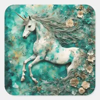 Magical White Unicorn Teal Background Square Sticker