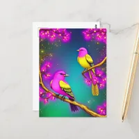 Fantasy Pink and Yellow Birds On a Branch  Postcard
